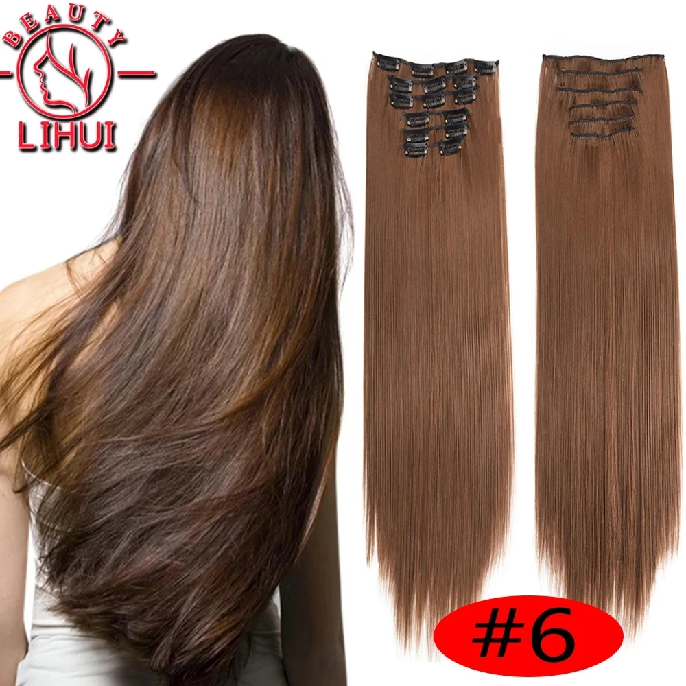 

Long Straight Natural Black 16 Clip In Hair Extension 6 Pcs/Set 16 Clips Synthetic Hair Piece For Women 22 Inch 140G Lihui