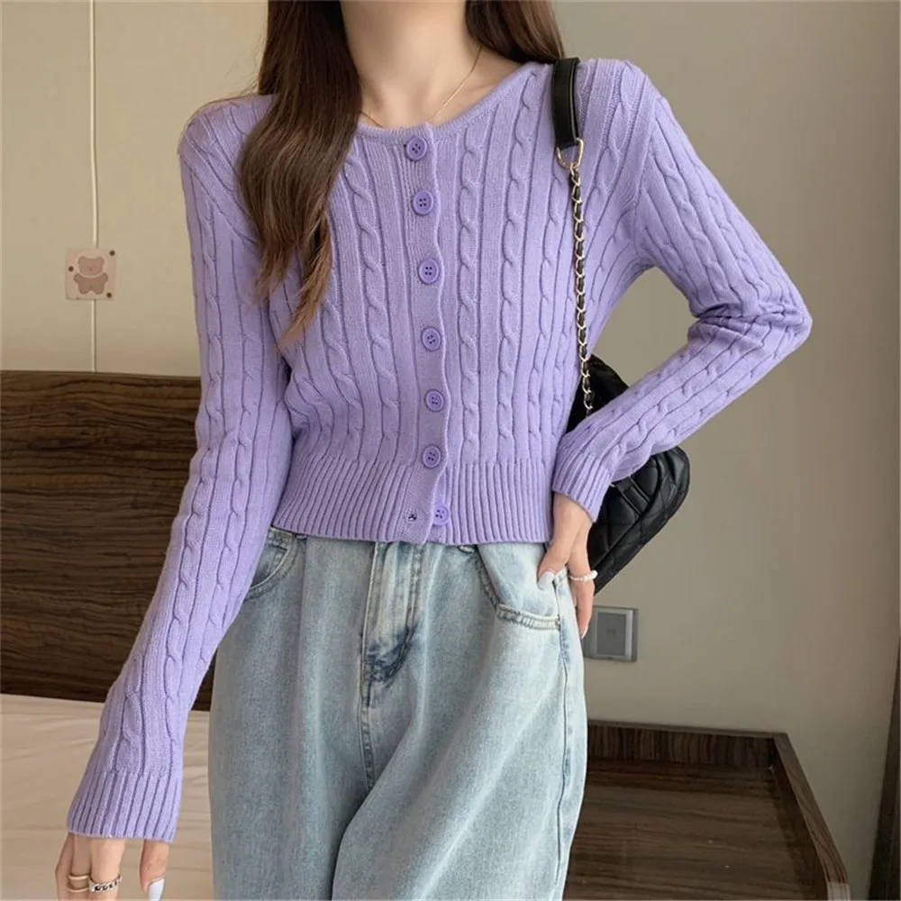 

Korean Sweater Vintage Slim Short Tops Autumn Fashion New Knitted Cardigan Women's Coat Long Sleeve Round Neck Basic Tops XQ22
