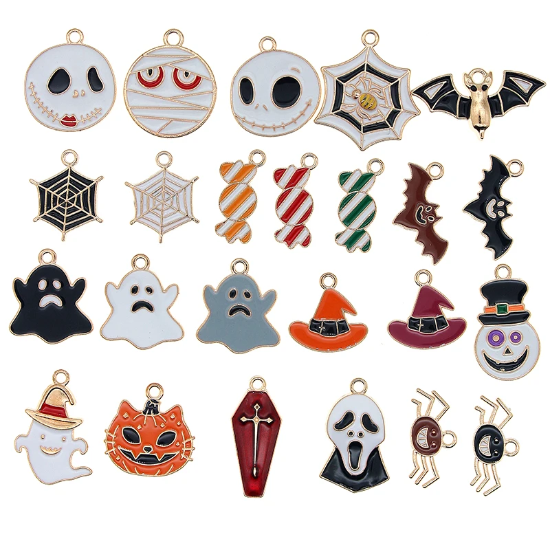 10pcs/lot New Halloween Enamel Charms Cute Sugar Spider Bat Pumpkin Bat Ghost Cat Pendants for DIY Jewelry Making Trick or Treat