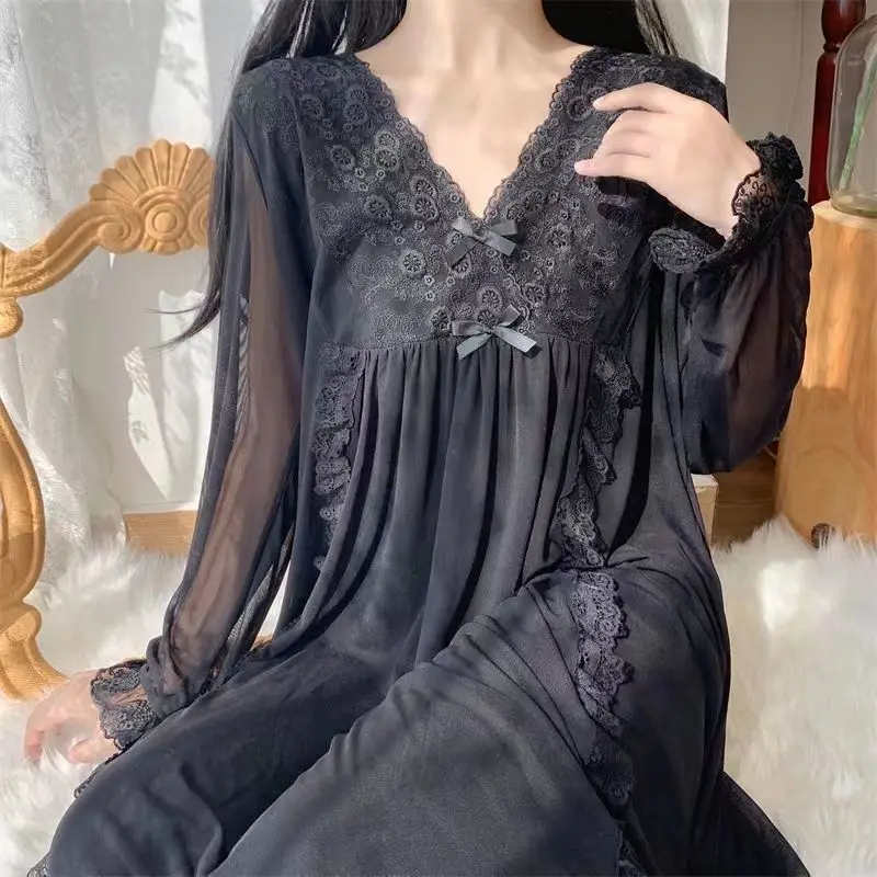 Spring Autumn Night Gown Sweet Dress French Pajama Women Embroidery Lace Long Sleeve Nightgown Loungewear Mesh Dresses Underwear