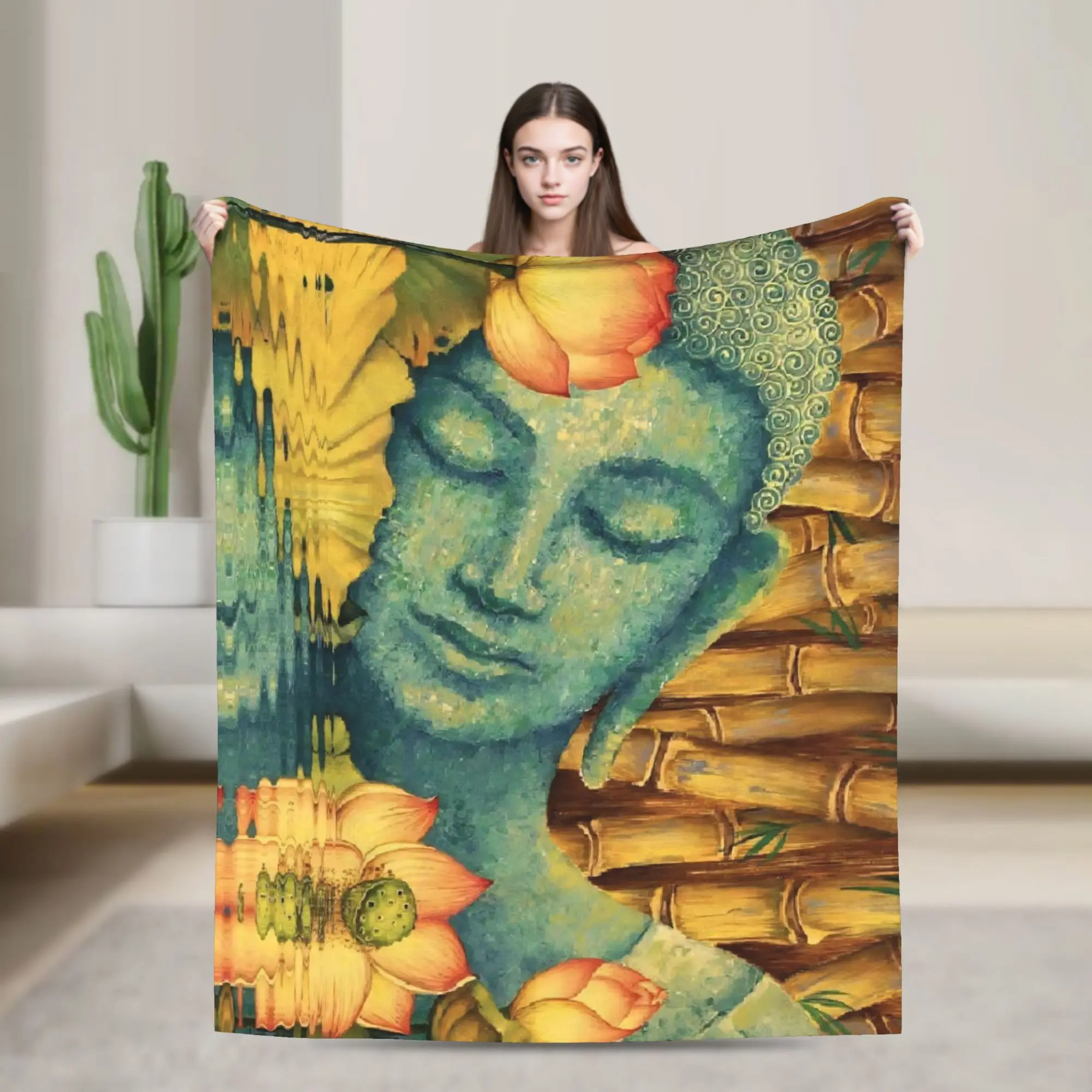 Buddha Lotus Zen Meditation Blanket Y2K Harajuku Flannel Funny Warm Throw Blankets for Home Restaurant Decoration
