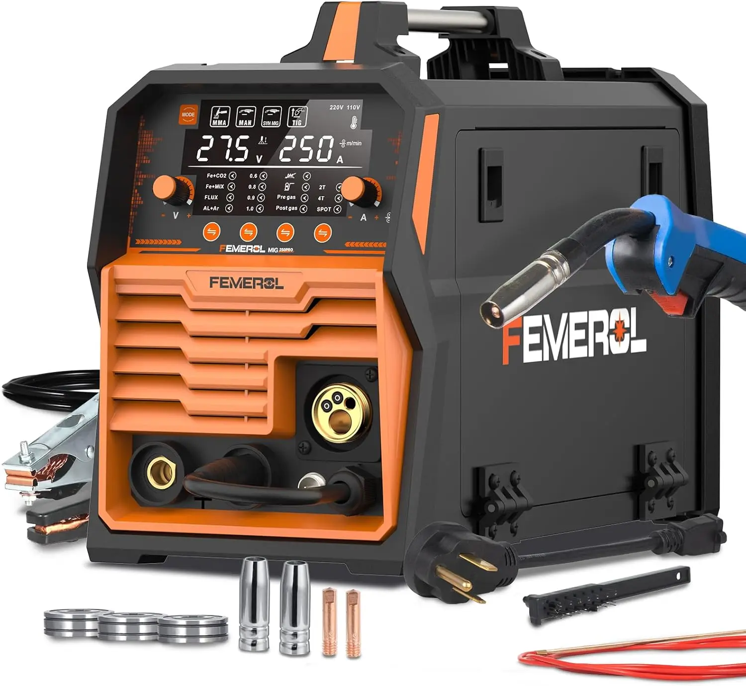 

250A MIG Welder, 6-in-1 Multi Process Machine for Gas/Gasless/Stick/Lift TIG/Spot/Spool Gun, Large LED Display, 110V/220V