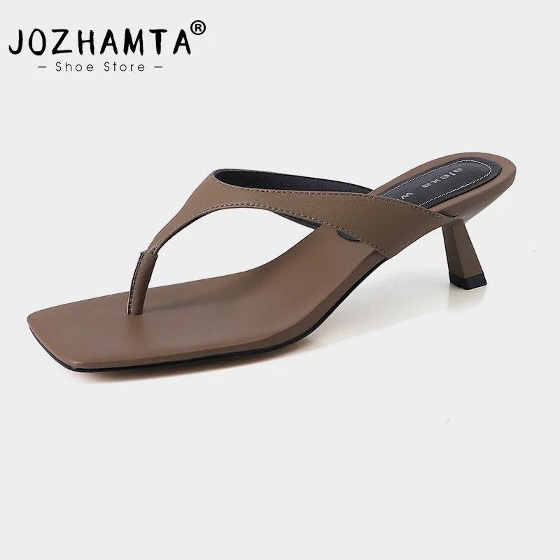 JOZHAMTA Size 34-40 Women High Heels Mules Sandals Real Leather Flip Flops Thin Heel Summer Shoes 2025 Ins Slides Sexy Slippers