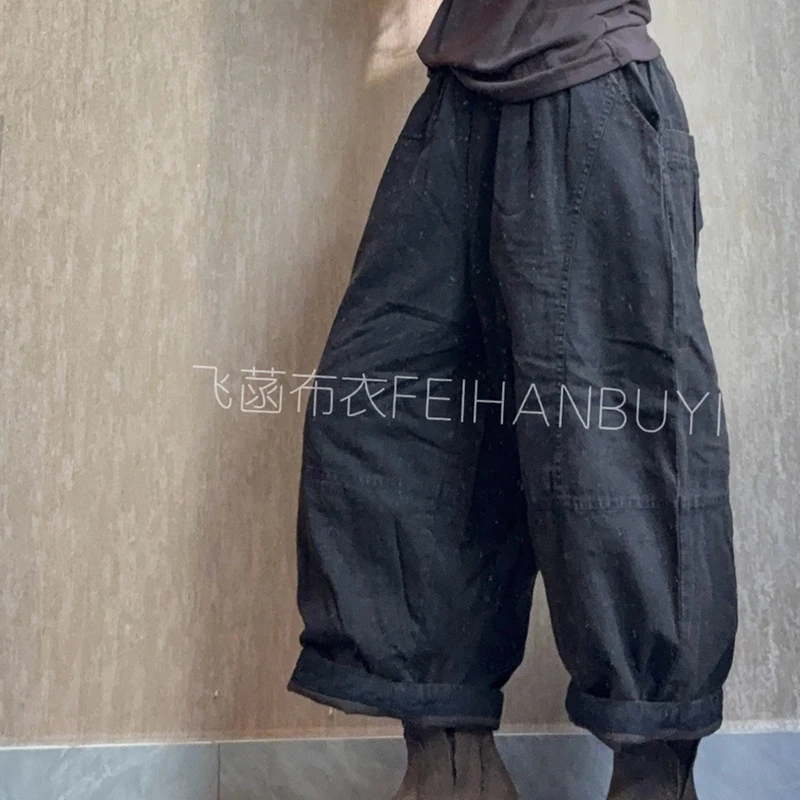 

2025 New Arrival Autumn Women Patchwork Ankle-length Pants Casual Loose Double-layer Cotton Linen Elastic Waist Harem Pants F164