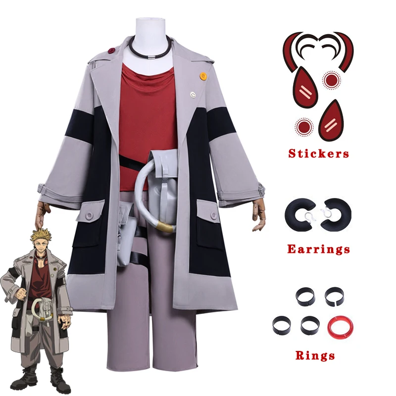 

In Stock Anime Gachiakuta Enjin Cosplay Costume Choker Earrings Stickers Halloween Party Men Women Uniforms Jacket Pants Shirt