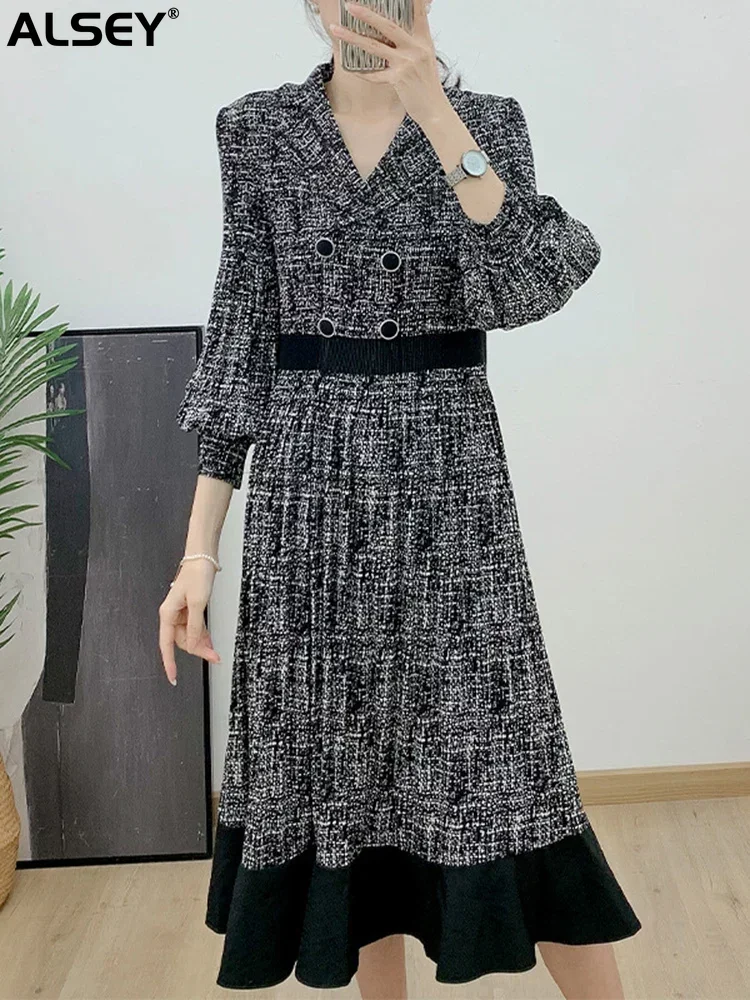 

ALSEY Miyake Pleated Buttons Full Sleeve Notched Dress Women A Line Print New 2024 Spring Evening Party Elegant Lady Clothing