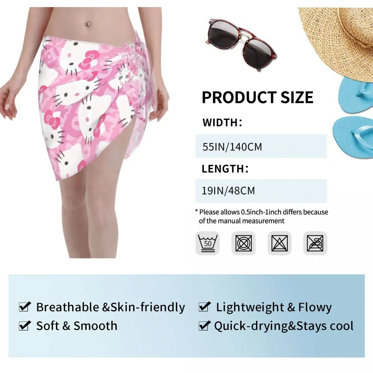 Hello Kitty Traje de baño para mujer Sarong Beach Bikini Wrap Falda corta transparente Bufanda de gasa para traje de baño