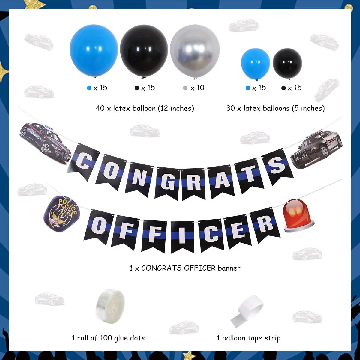 Police Graduation Decorations Blue Black Balloon Garland Congrats Officer Banner for Police Academy Graduation Party Supplies