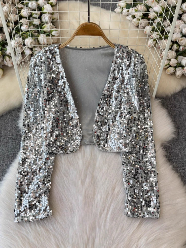 

2025 Autumn New Coats Long Sleeve Sequined Design Female Slim Jackets All Match Crop Tops Fashion Elegant Vintage Women Clothing