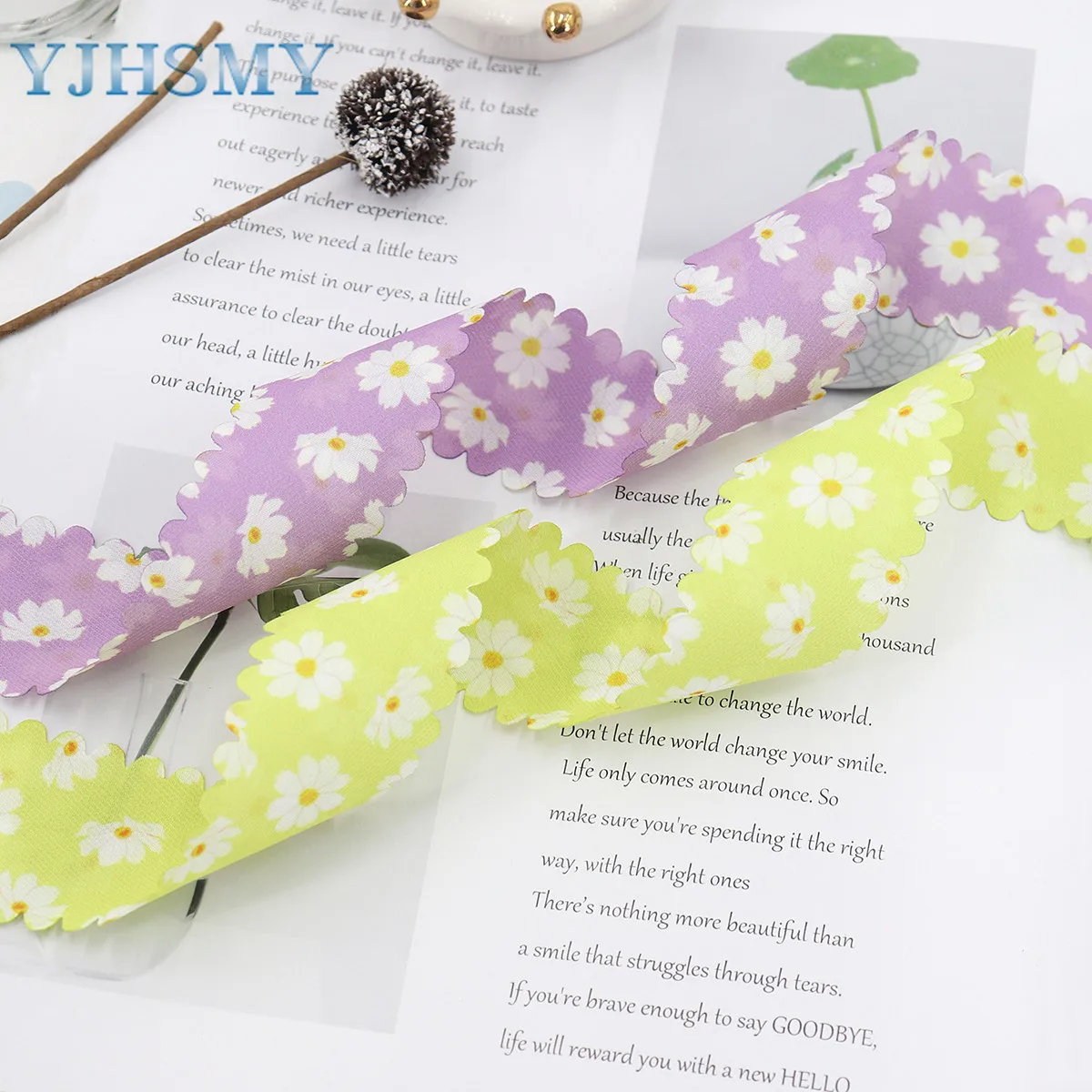 Wavy Edge Floral Flower Fabric Ribbon 5 Yards for DIY Handmade Hair Bow, Gift Wrapping Party Decorations, Crafting and Sewing