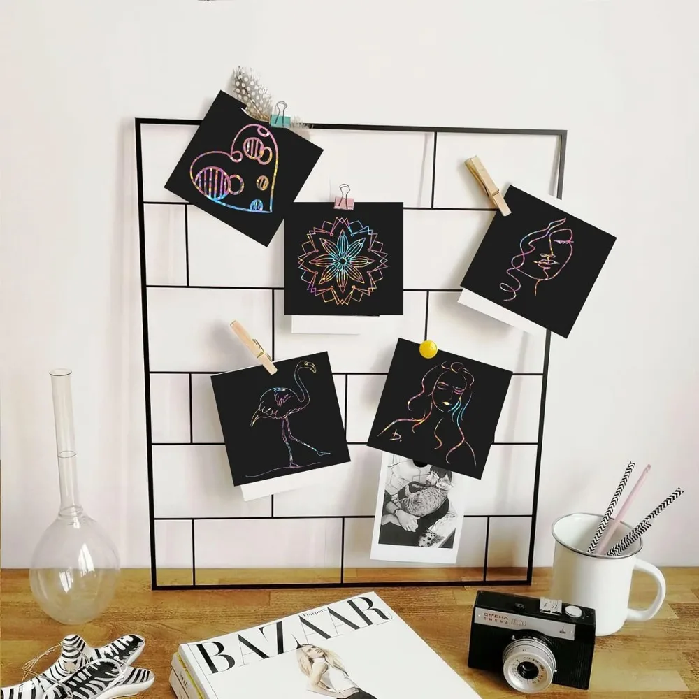 100 штук художественных заметок Magic Rainbow Flash Scratch Art, крутая скретч-бумага для подростков, пустая скретч-арт 3,3 "x 3,3"