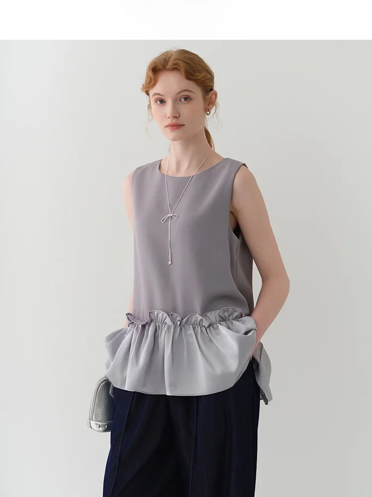 

Design Sensation Sweet Wooden Collar Splice Vest Women's Summer 2026 Slimming Drapey Top Jiujiu Commute Sle Polyester