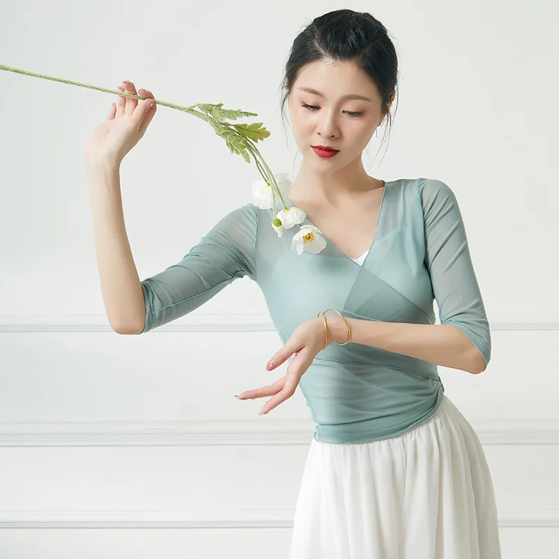 Vêtements d'entraînement de danse de ballet pour femmes, haut à manches longues, chemise en maille, sexy, transparent, classique, gaze, corps, veste pendante