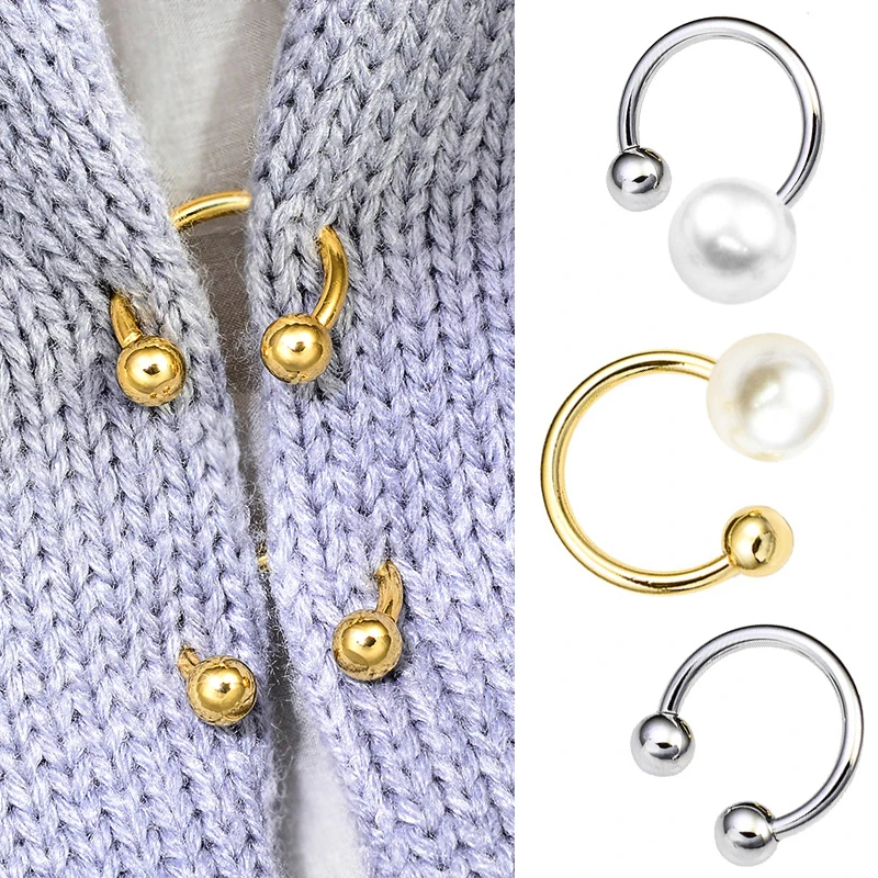 Gold Silver C Shape Pearl Brooch Double Head Sweater Collar Needle Safety Brooch Pins Clothing Accessories Brooches for Women