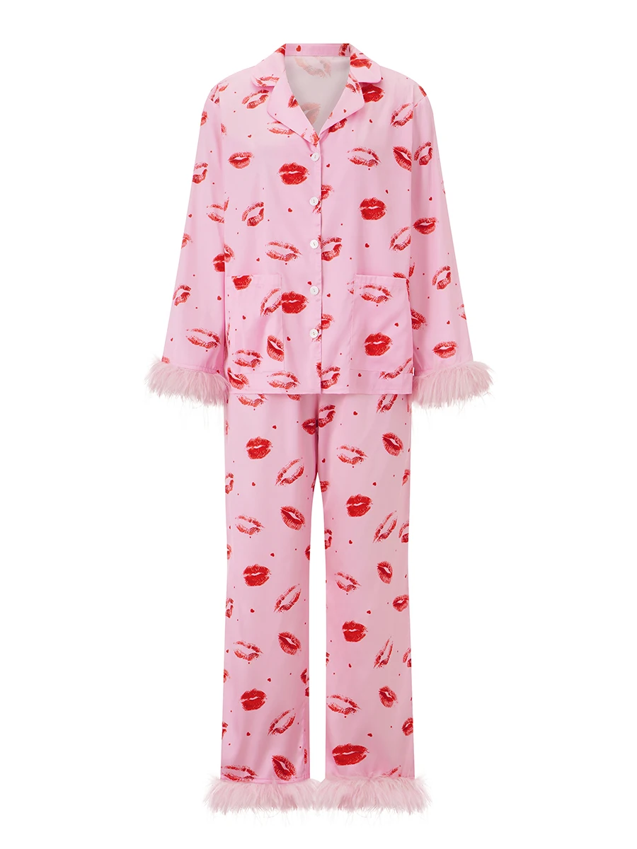 Women 2 Piece Pajamas Set Lip/Bow Print Feather Cuffs Button Shirt and Elastic Pants for Loungewear Soft Sleepwear