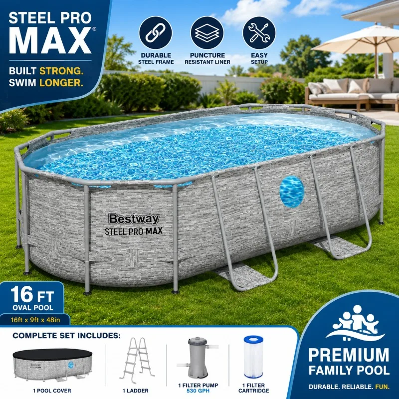 Bestway Splashview Oval Above Ground Pool Set, 14ft x 8.2ft x 39.5in Steel Pro MAX Family Swimming Pool with Viewing Windows