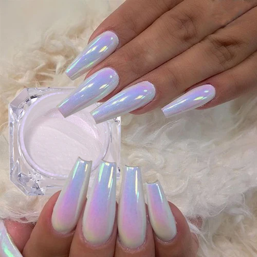 Polvo de uñas con purpurina de perlas, pigmento de frotación Aurora, polvo de neón blanco y morado, esmalte de Gel para manicura, polvo, decoración artística de uñas