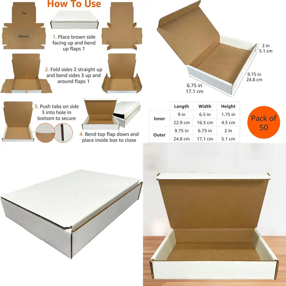 

50-Pack White Literature Mailing Boxes, 9x6.5x1.75, Durable Corrugated Cardboard for Shipping and Storage