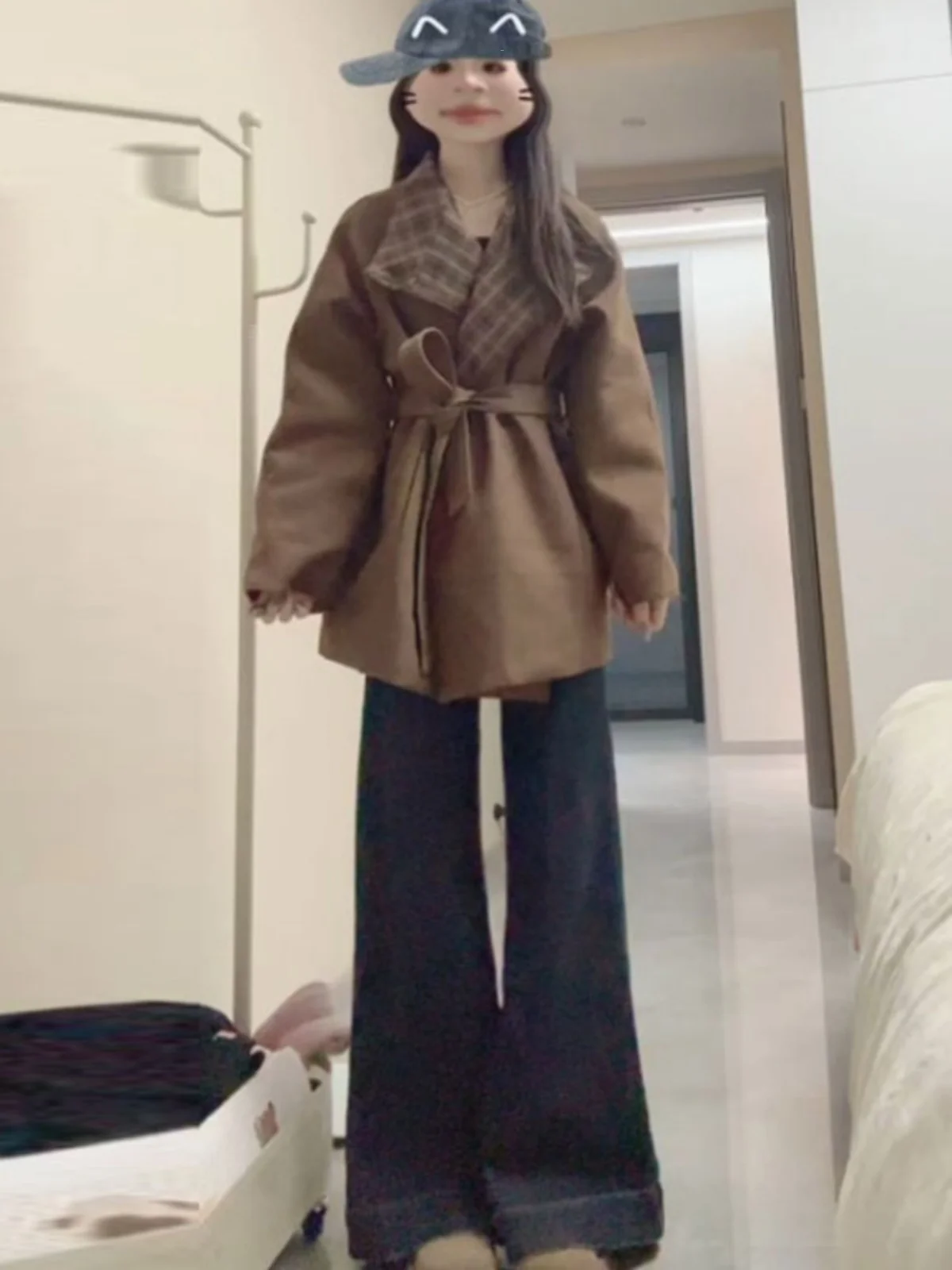 

Reversible Stand Collar Woolen Coat Belted Elegant Minimalist Commute Style Women's Fashion Spring Autumn New Arrival