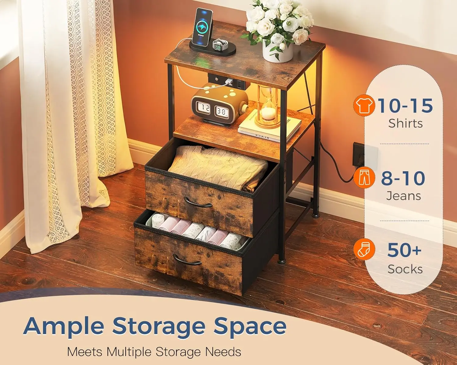 Nightstand Set of 2 with Charger Station \u2014 USB Ports & Outlet, Bed Side Table with LED Lights, End Table with Fabric Drawer image 6