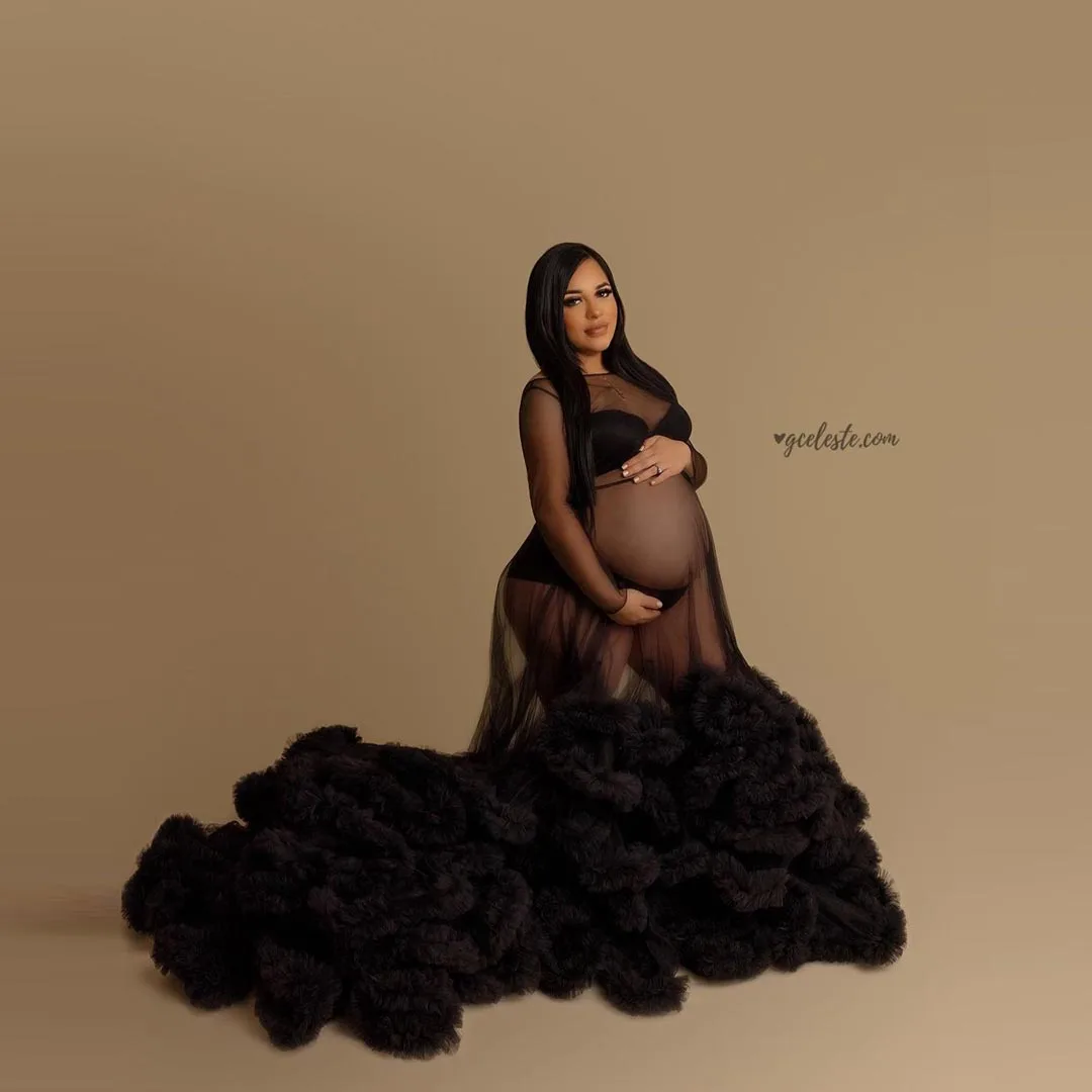 Sexy Black Sheer Mesh Ruffled Maternity Dresses Photography Long Ruffles Bottom Pregnant Women Gowns Puffy Baby Shower Dress