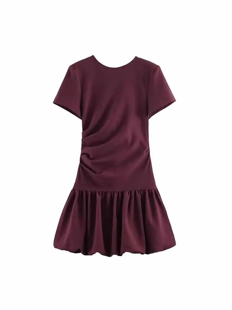 

Новое женское весеннее модное платье с короткими рукавами и круглым вырезом, фасон «баллон», короткое, повседневное, однотонное, в нежном стиле