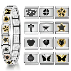 Y2K Charm Italian Elastic Links Fit 9mm Stainless Steel Jewelry Black Series Flower Star Butterfly Heart DIY Making Bracelets