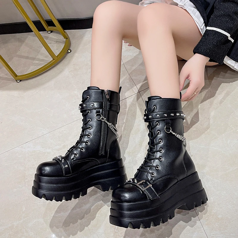 

Women Punk Style 8 CM Platform Mid-Calf Boots Chain Rivet Thick Sole Leather 12CM Wedge Cool Nightclub Party Cosplay Shoes
