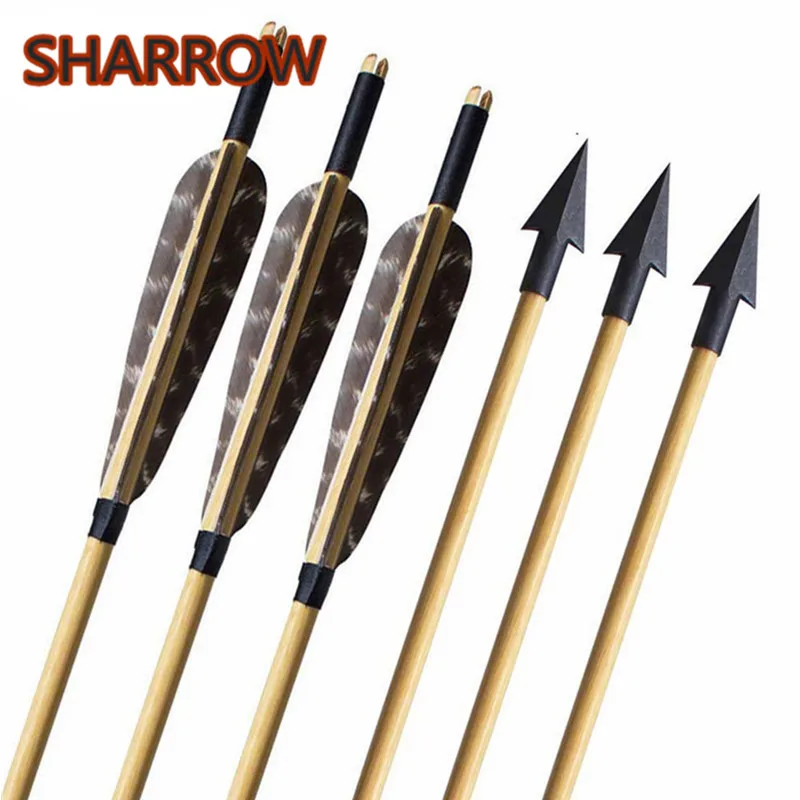 

6pcs Archery Wooden Arrows 31 Inches Handmade Arrows With 5 " Natural Feather Arrowheads For Bow Hunting Shooting Accessories