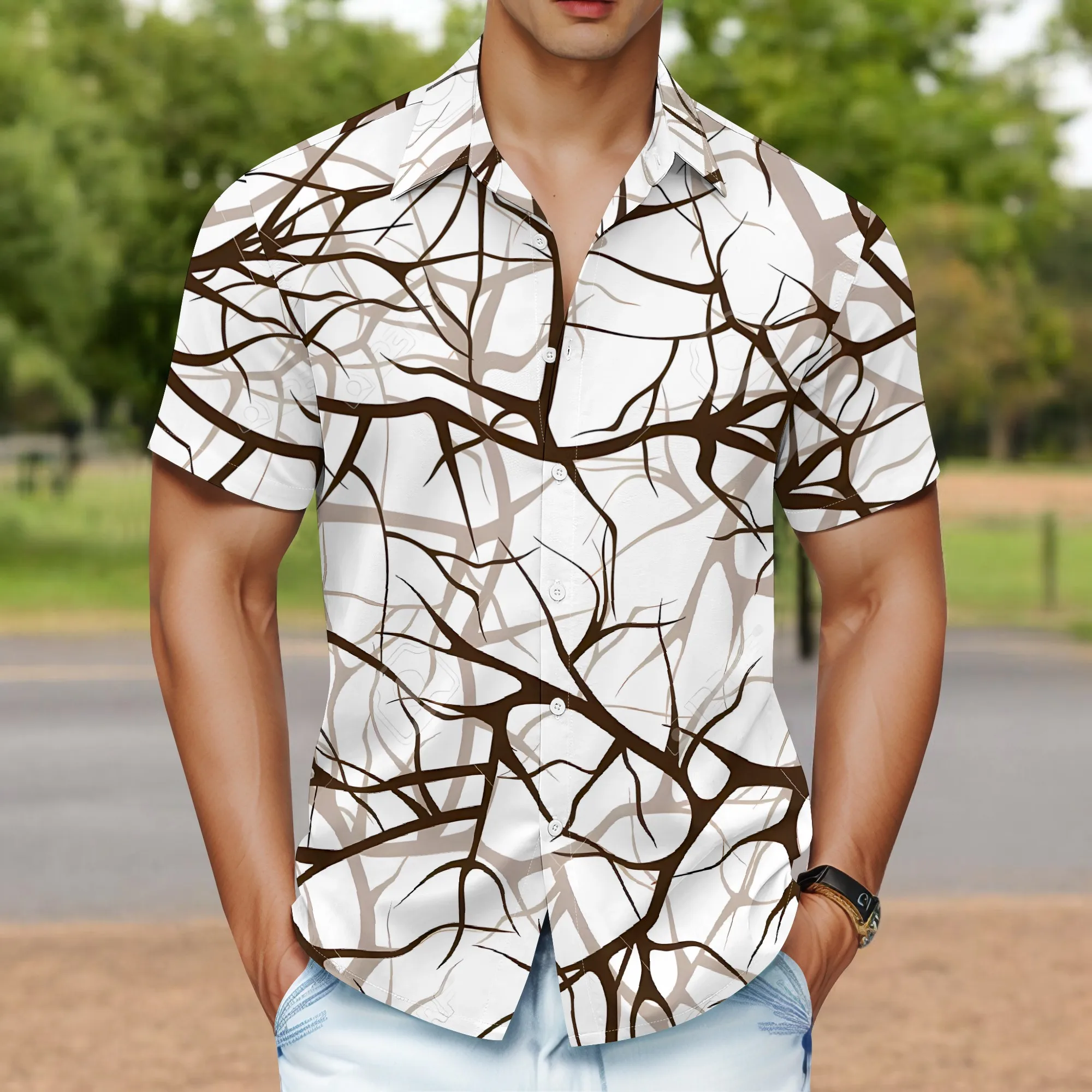 

YEAE Branch Pattern Print Shirt for Men Summer Casual Short Sleeve Top