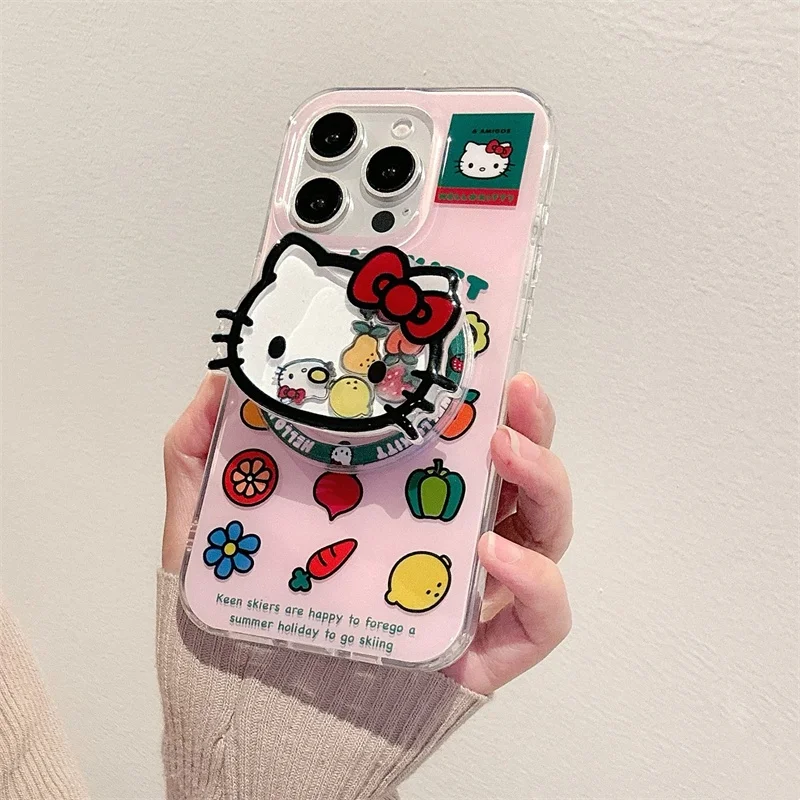 Funny Cartoon Vegetable Fruit Hello Kitty Magsafe Wireless Charge Case For iPhone 14 13 15 16ProMax Cute KT Shake Magnetic Stand