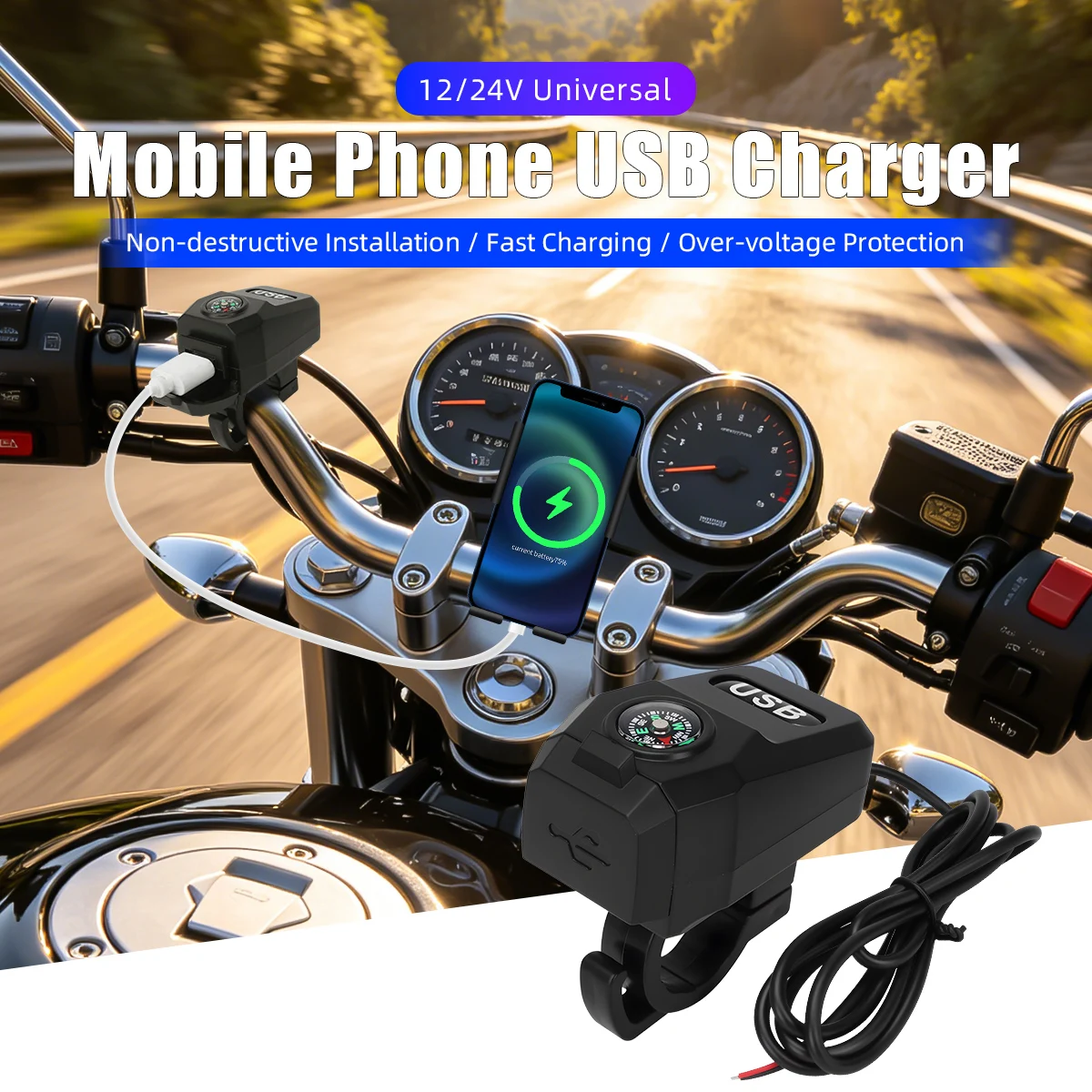 Motorcycle Single USB Fast Charger QC3.0 Handlebar Style Portable Navigation Compass USB Charger Socket With Hanging Hook