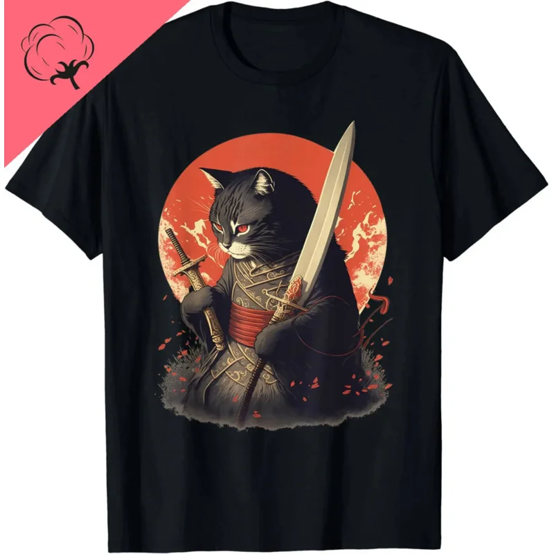 

Retro Japanese Samurai Ninja cat tattoo graphic style T-shirt cotton women clothes tops graphic t shirts ropa de Mujer