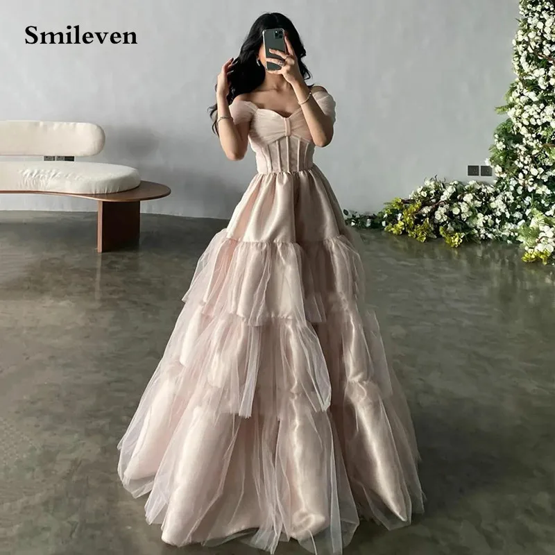 

Smileven Light Pink Prom Dress Tiered A Line Ruffles Tulle Evening Dresses Off The Shoulder Evening Party Gowns 2023