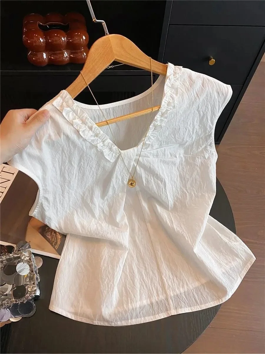 

Korean Design Sense Pleated V-neck Sleeveless Chiffon Tank Top Women's Loose Slimming Summer New Style Polyester Fiber