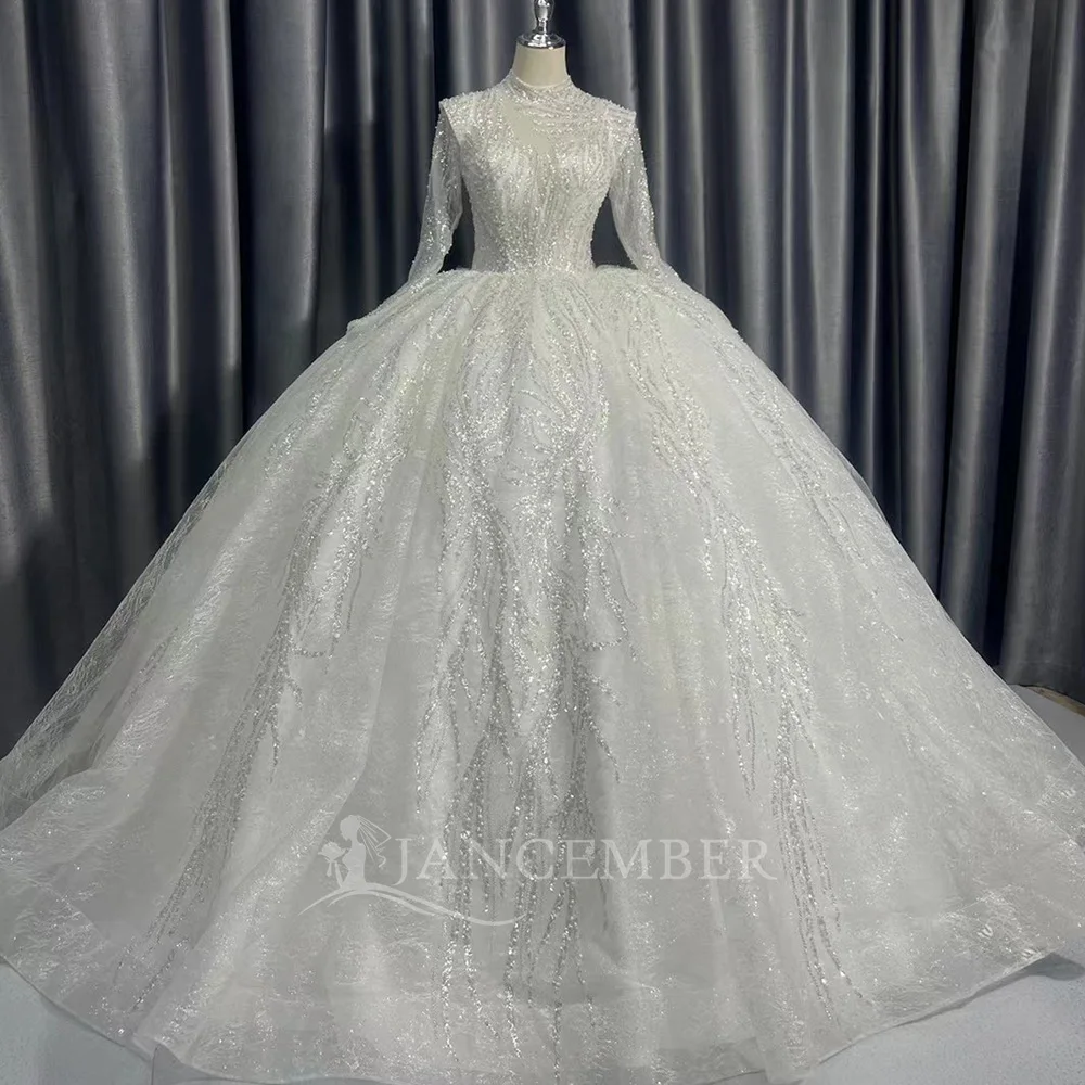 

Vintage Wedding Dresses Sequins Bridal Ball Gowns High Collar Long Sleeves Customized Princess Bride Dress Vestidos De Novia