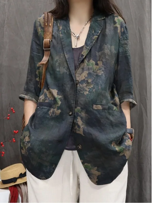 

Летний женский пиджак свободного кроя из хлопка и льна с принтом в стиле ретро, универсальный, модный, легкий, на все случаи жизни, коллекция 2026 года