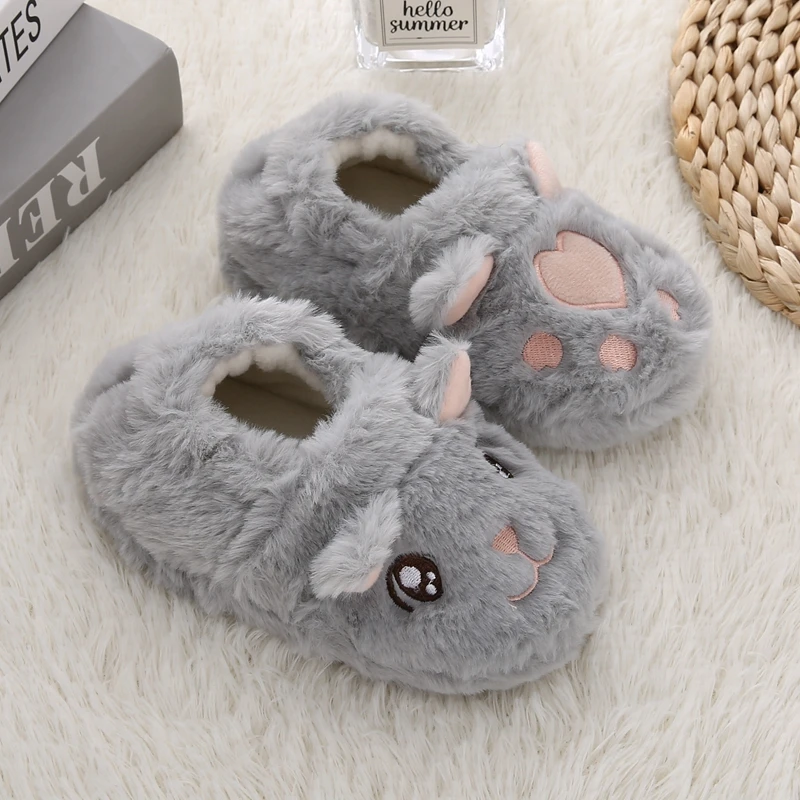 New Toddler Girls Slippers for Winter Baby Loafers Plush Warm Cartoon Cat Paw Rubber Sole Child Home Shoes Kids Indoor Footwear