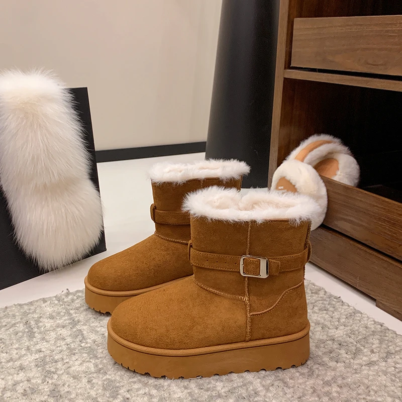 

Soft Leather Platform Fluffy Snow Boots Women's Winter 2025 New Belt Buckle Fleece Thermal Non-slip Cotton Shoes