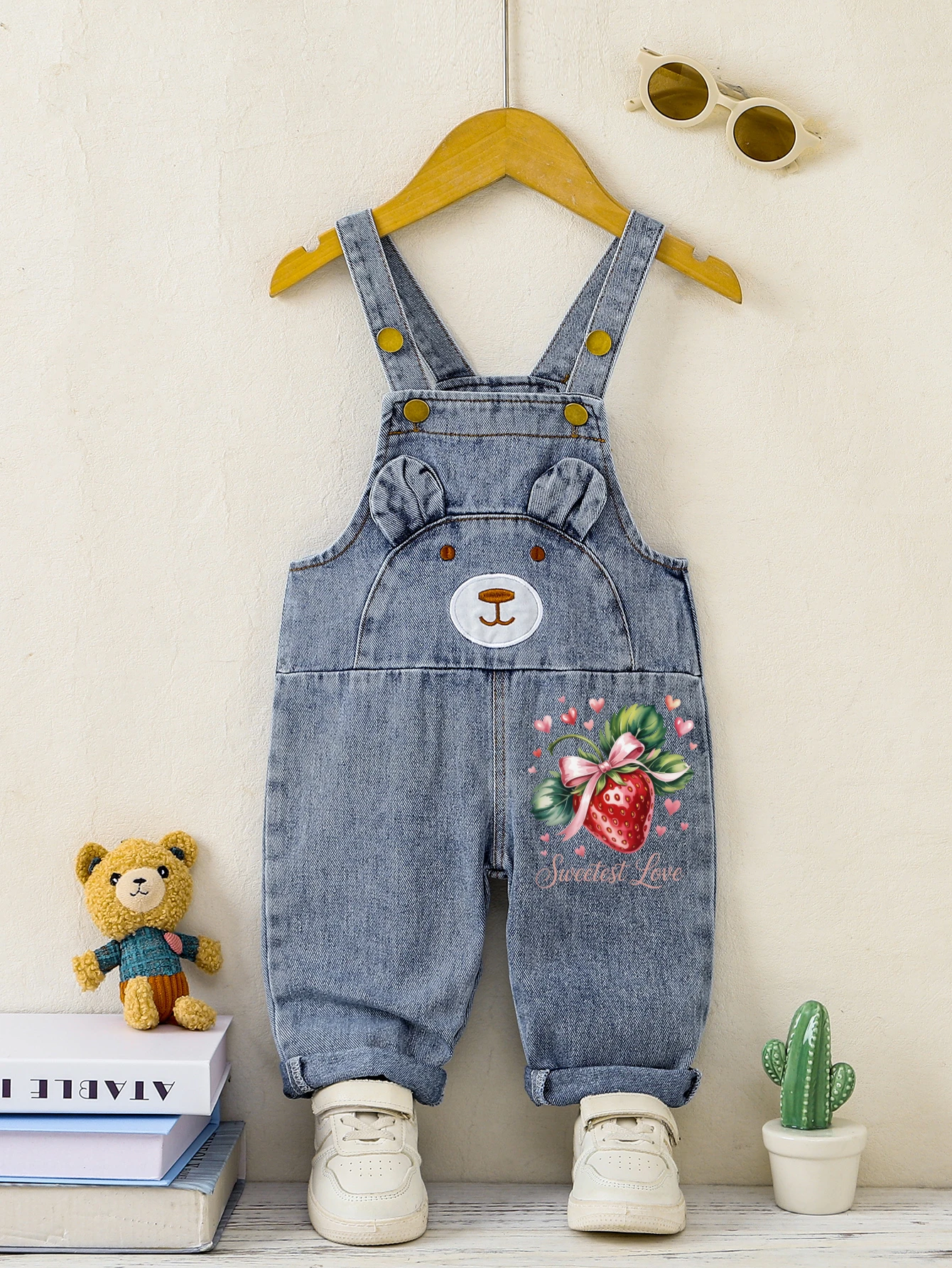 Spring Summer Baby Girls Denim Overalls Bear & Strawberry Print Adjustable Straps Rolled Cuffs Casual Playwear Toddler Infant