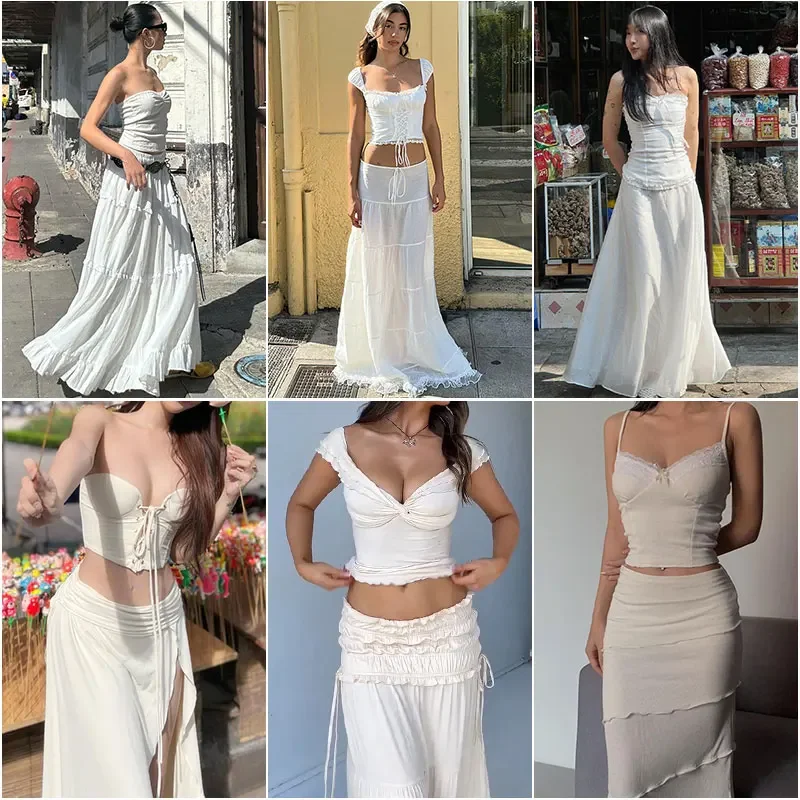 

Dress Sets for Women 2 Pieces Sleeveless Sexy Crop Tops Skirt Set New Y2K Sweet Cute Chic and Elegant Party Women's Suit