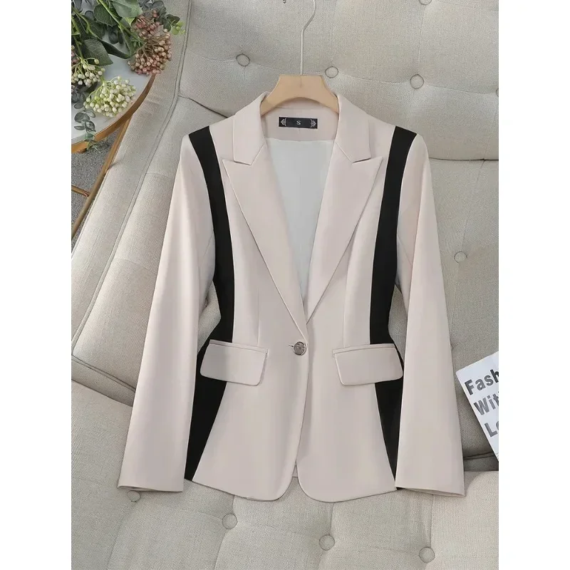 Fashion Autumn Winter Women Blazer Coat Female Khaki Apricot Striped Long Sleeve Office Ladies Business Work Wear Jacket