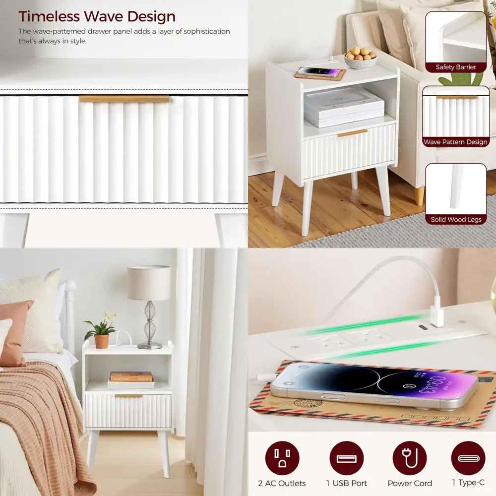 

Современная прикроватная тумбочка из массива дерева с зарядной станцией, ящиком и полкой для хранения для спальни и гостиной