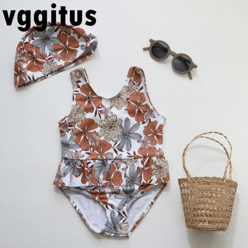 1-6Y Girls One-Pieces Swimwear New Summer Stripe Floral Print Sleeveless Ruffle Triangle Swimsuit Water Park/Beach Wear H8152