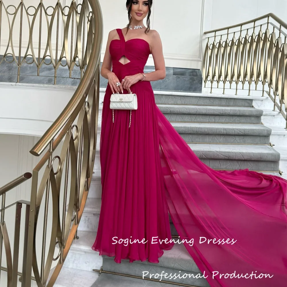 

Customized Chiffon Evening Dresses With Long Train Cut Out One-Shoulder Prom Dress Pleated فساتين سهرة Cocktail Gown
