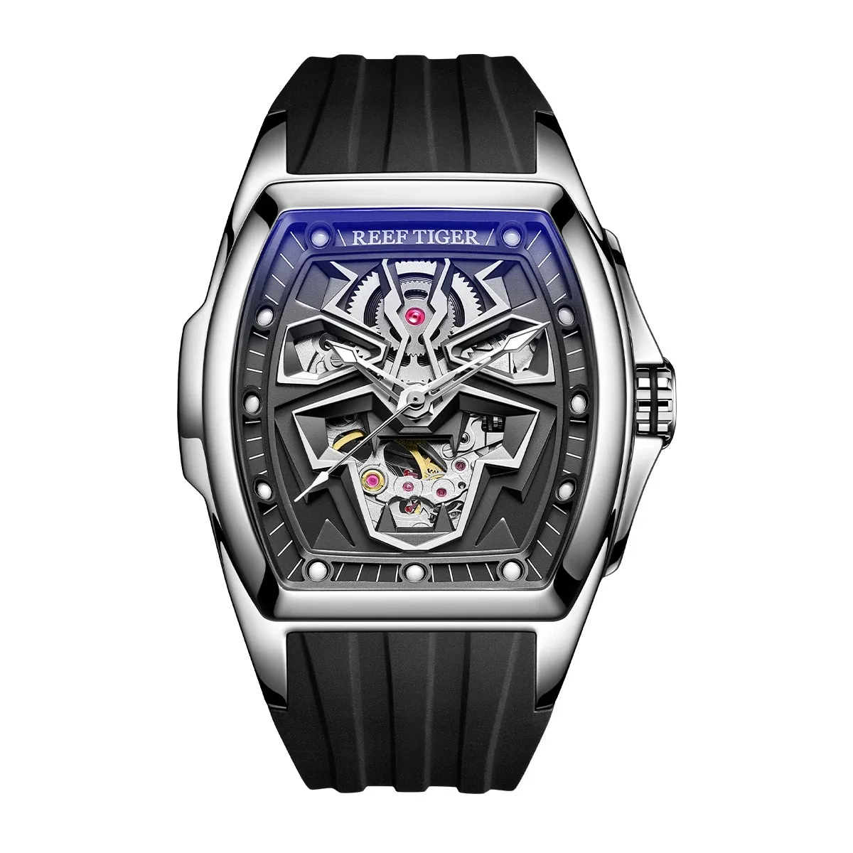 Reef Tiger Men Automatic Watch 42.3mm Luxury Mechanical Wristwatch Tonneau Case Luminous Skeleton Dial