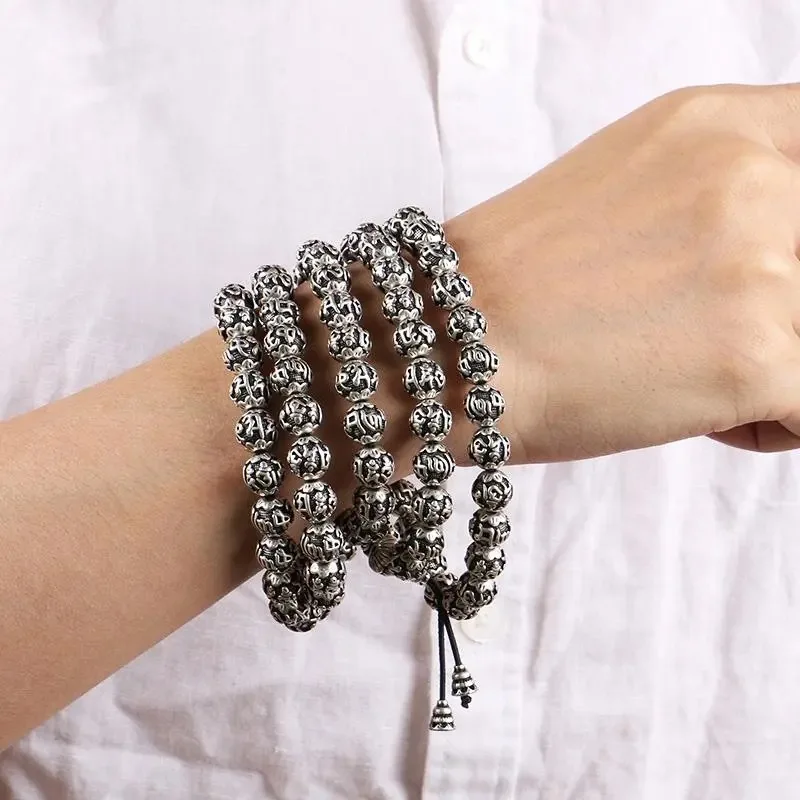 Six-Word Mantra 108 Buddhist Prayer Beads Men And Women Imitation Thai Silver Bracelet Necklace 4