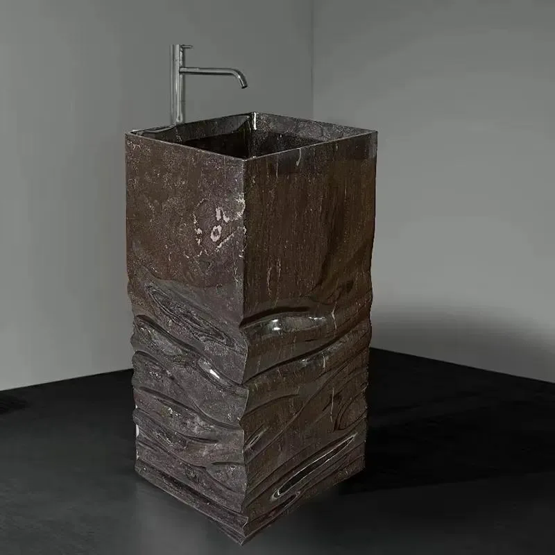 Dark Natural Marble Freestanding Sink Square Tall Column Hand Carved Wavy Surface Modern Bathroom Vessel Wash Basin
