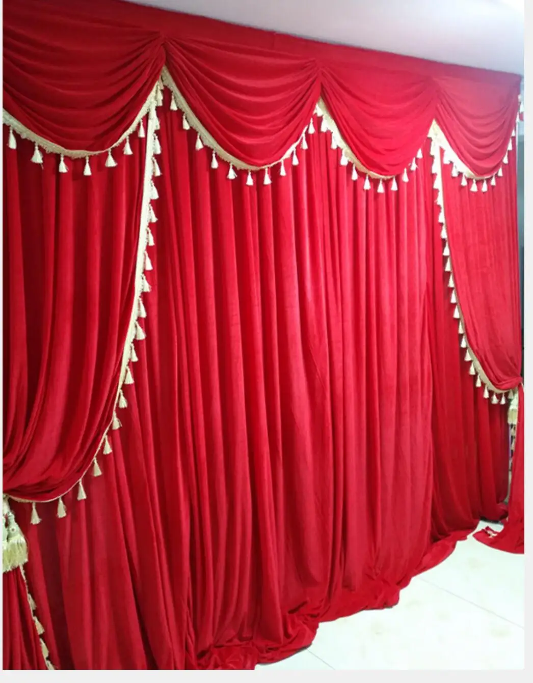 New Style Stage Backdrop Curtain Velvet Burdgundy Back Curtain with top and two side Swag Wedding Decortaion Customade 3x6m