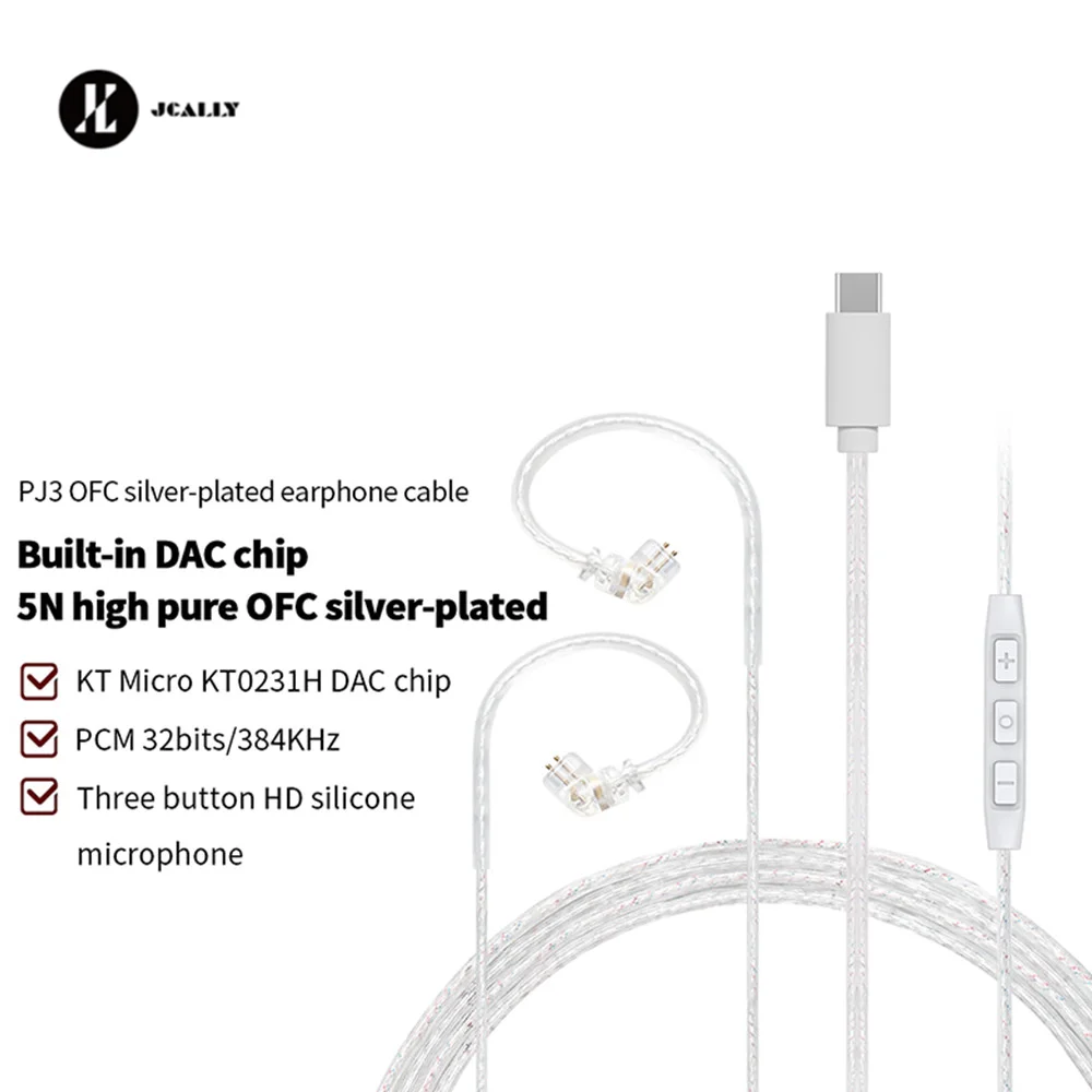 JCALLY PJ3 5N High Pure OFC Silver-plated Earphone Cable Built-in DAC Chip with Mic For KZ EDX PRO AS16 PRO AS24 ZS10 PRO